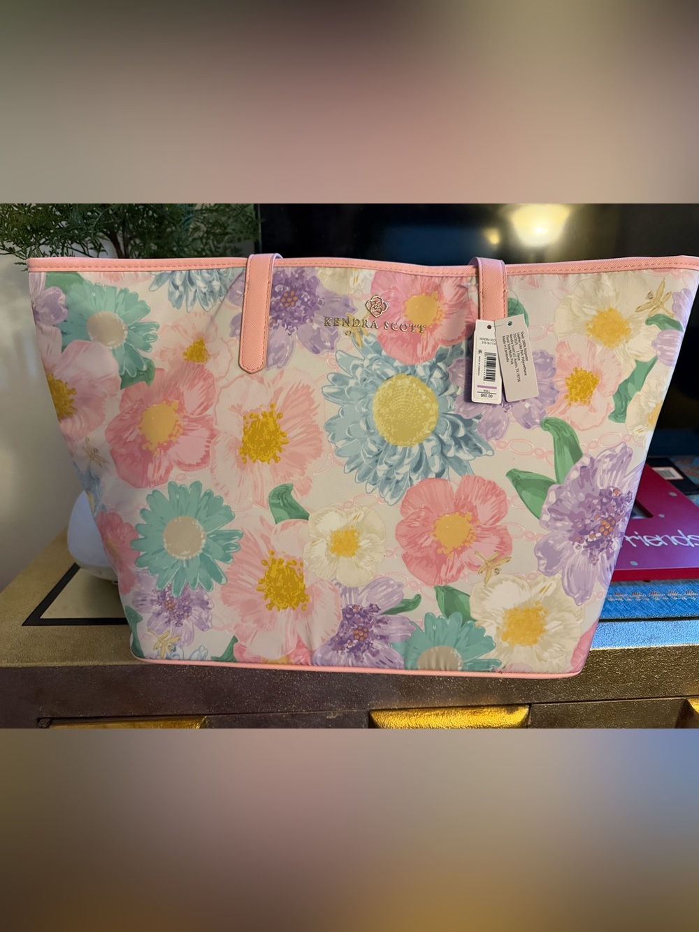 Kendra Scott floral tote bag pastel watercolor design and gold-tone hardware